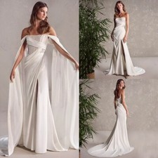 Boho Mermaid Wedding Dresses Off The Shoulder Split Pleated Satin Bridal Gowns