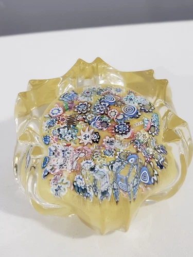 Peter McDougall Star Cut Millifiore Yellow paperweight Fluted Scotland PMCD 50mm