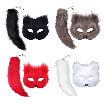 Faux Furs Foxes Tail Cats Wolf Mask Therian Mask and Tail Set Foxes Mask Tail