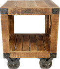 Solid Mango Wood Industrial Bedside / Side Table on Wheels