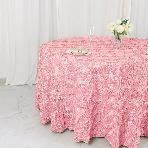 Pink RIBBON ROSES 120" ROUND TABLECLOTH Fancy Wedding Party Catering Linens - Picture 5 of 8