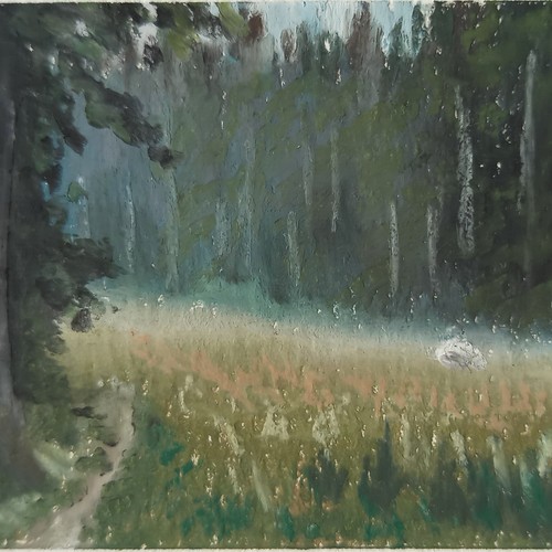 Original ACEO Forest Landscape Glade Sheep Moody Nature Miniature Painting OOAK