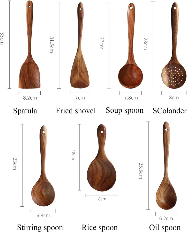 Messon Wooden Spoons for Cooking, 7Pcs Handmade Natural Teak Cooking Spoons Wood - Image 2 of 4