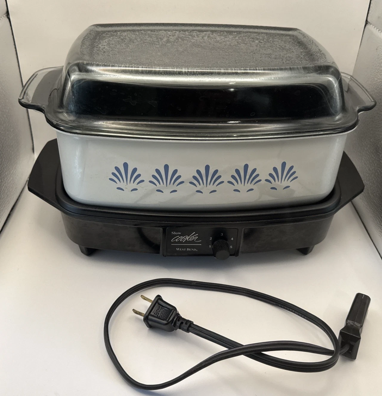 Vtg West Bend Slow Cooker Griddle 4 Qt Non Stick Glass Lid Floral White Pattern