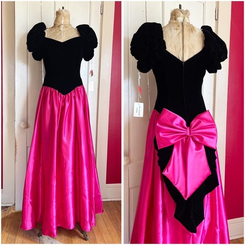 Vintage Deadstock 1980s Hot Pink Satin & Black Velvet Corset Bow Formal Dress S - Picture 1 of 8