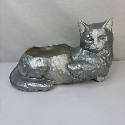Vintage Silver Gray Persian Ceramic Pottery Cat Kitten Blue Eyes Planter 12 
