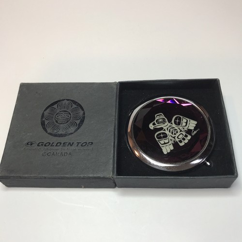 Compact Double Mirror Silver Tone Faceted Purple Top Signed Thunderbird W Box