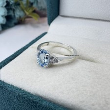 Blue Aquamarine Ring, 925 Sterling Silver, Birthday Ring, Three Stone Ring