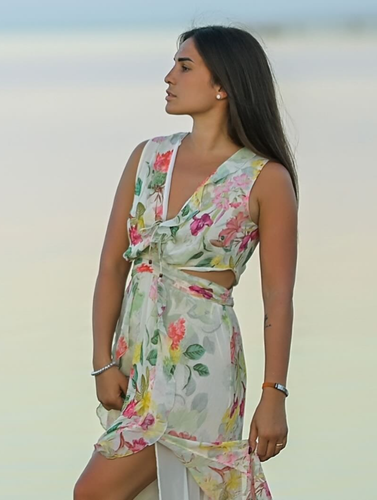 Zara Kleid Blumen Cut-Out V-Ausschnitt Blumenmuster Ecru Multi XS S M 3468/317 NEU - Bild 18 von 24