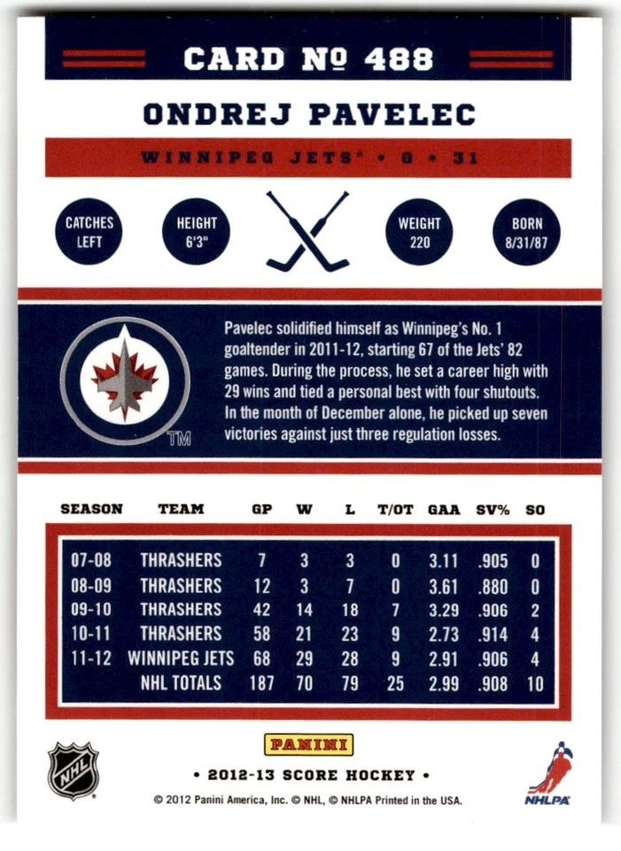 Ondrej Pavelec 2012-13 Score Gold Rush #488 Winnipeg Jets - Image 2 of 2