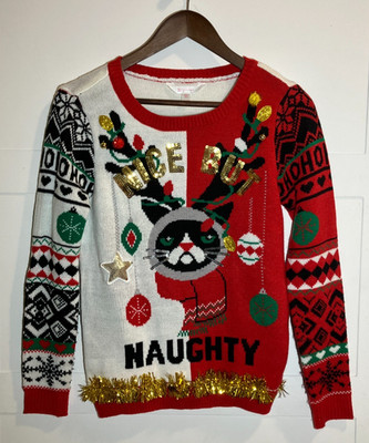 No Boundaries Ugly Christmas Sweater Womens Small Nice But Naughty Cat Holiday