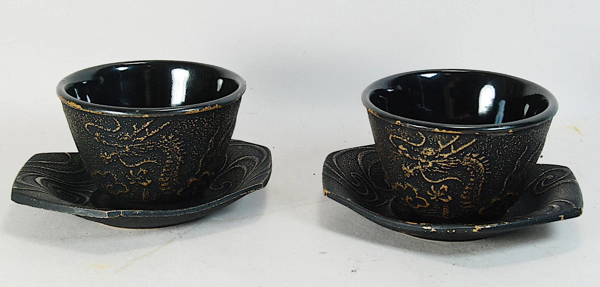 4 Green Leaf Teacup Saucer+4 Dark Blue Polka Dot Hobnail Japanese Cast Iron Tea Cup