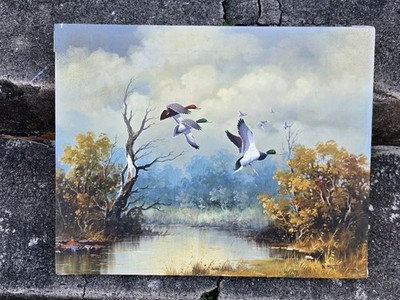 N Mcgreen Wildlife Painting Ducks In Flight Oil On Canvas