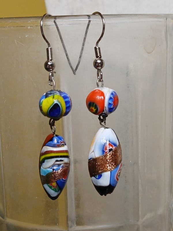 Beautiful Vintage Italian Murano Art Glass Dangle Long Bead Earrings Millefiori