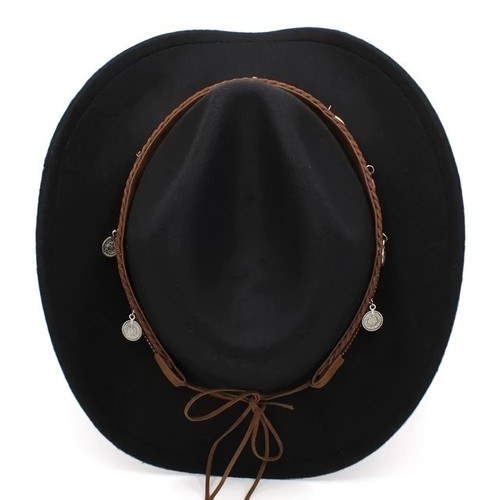 Western Cowgirl Cowboy Hat Men Women – Tribal Band Felt Wide Brim Rodeo Style - Picture 7 of 23