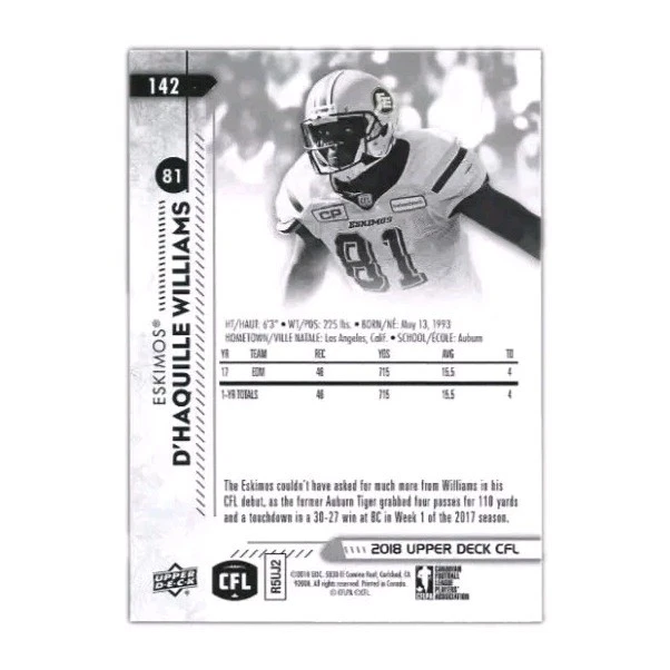 2018 Upper Deck CFL #142 Signed D'haquille Williams Edmonton Eskimos Card - Image 2 of 2