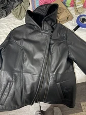 Wilsons Leather Jacket Womens Size XL Vintage Hooded Belted Faux Fur Lined Y2K