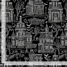 Halloween Fabric | Black White Haunted House | Timeless Treasures YARD
