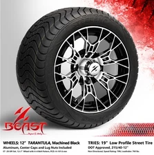 4x GOLF CART 12" MACHINED 'TARANTULA' WHEELS and 215/40-12 DOT LOW PROFILE TIRES