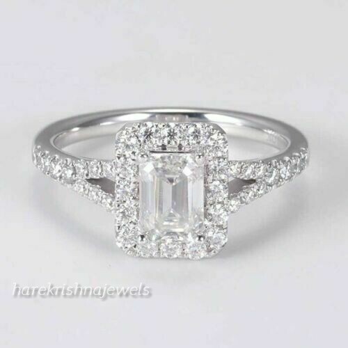 Lab-Created 2CT Emerald Cut VVS1 Diamond Halo Split Shank Ring 14K White Gold FN - Picture 2 of 5