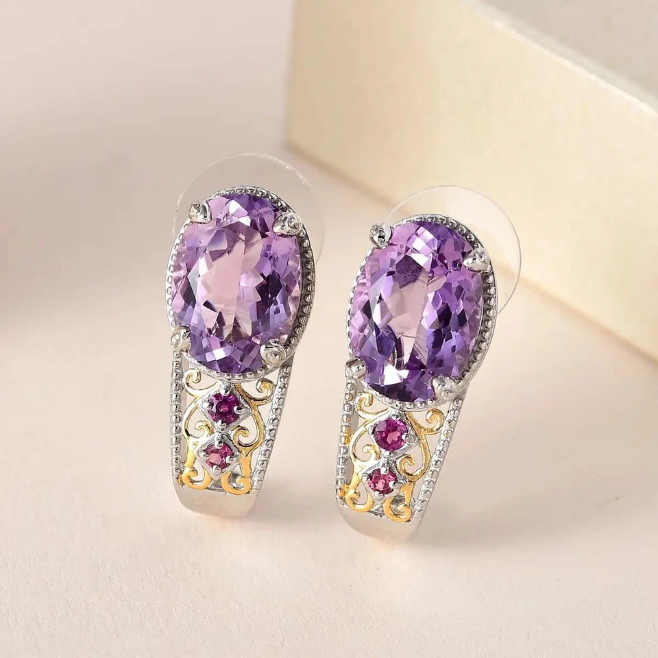 Pendientes de aro en J granate rodolita Rose De France amatista y Orissa en vermeil Foto 2 de 4