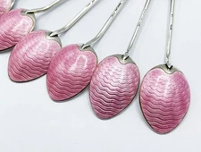 GUILLOCHE ENAMEL SILVER SPOONS BIRMINGHAM 1935 ART DECO PINK