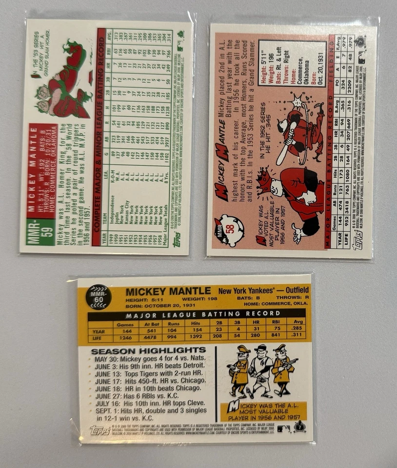 Lote de 3 tarjetas Topps Mickey Mantle 2008 reliquia/parche - MMR58, MMR59, MMR60 Foto 2 de 2