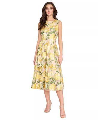 Tahari ASL Cocktail Dress 12 Beige Yellow Embroidered A-Line Midi NWT $279