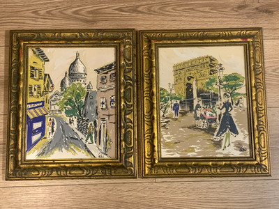 Pair Mid Century Paris Street Scene Textile Paintings Montmartre Arc de Triomphe