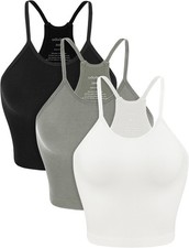ODODOS Women's Crop 3-Pack Seamless Rib-Knit Camisole Crop Tank Tops