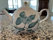 Grace's Teaware Teal & Metallic Gold Floral Print On White Teapot