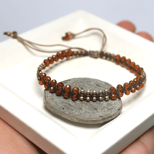 Bracciale Cristallo Micro Macramè Fatto a Mano Granato Hessonite Naturale Fuoco - Foto 2 di 10