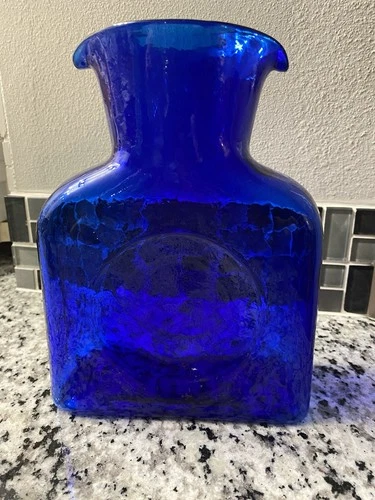 Blenko 384 Cobalt Blue Glass Double Spout Water Bottle Pitcher