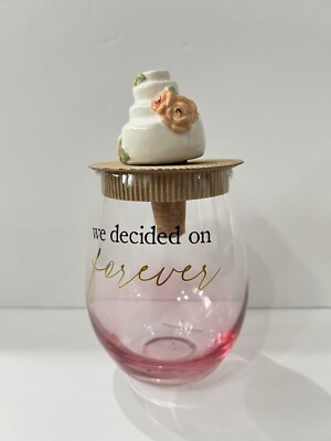Mud Pie  Decided On Forever  Wedding Stemless Wine Glass 15oz & Stopper Set NEW!