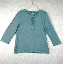 Talbots Large 3/4 Sleeve Top Shirt  1/4 Button with Ruffles Green Black Stripe