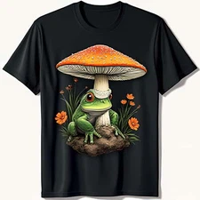 Playful on Red Mushroom Graphic Black T-Shirt Nature Inspired Design