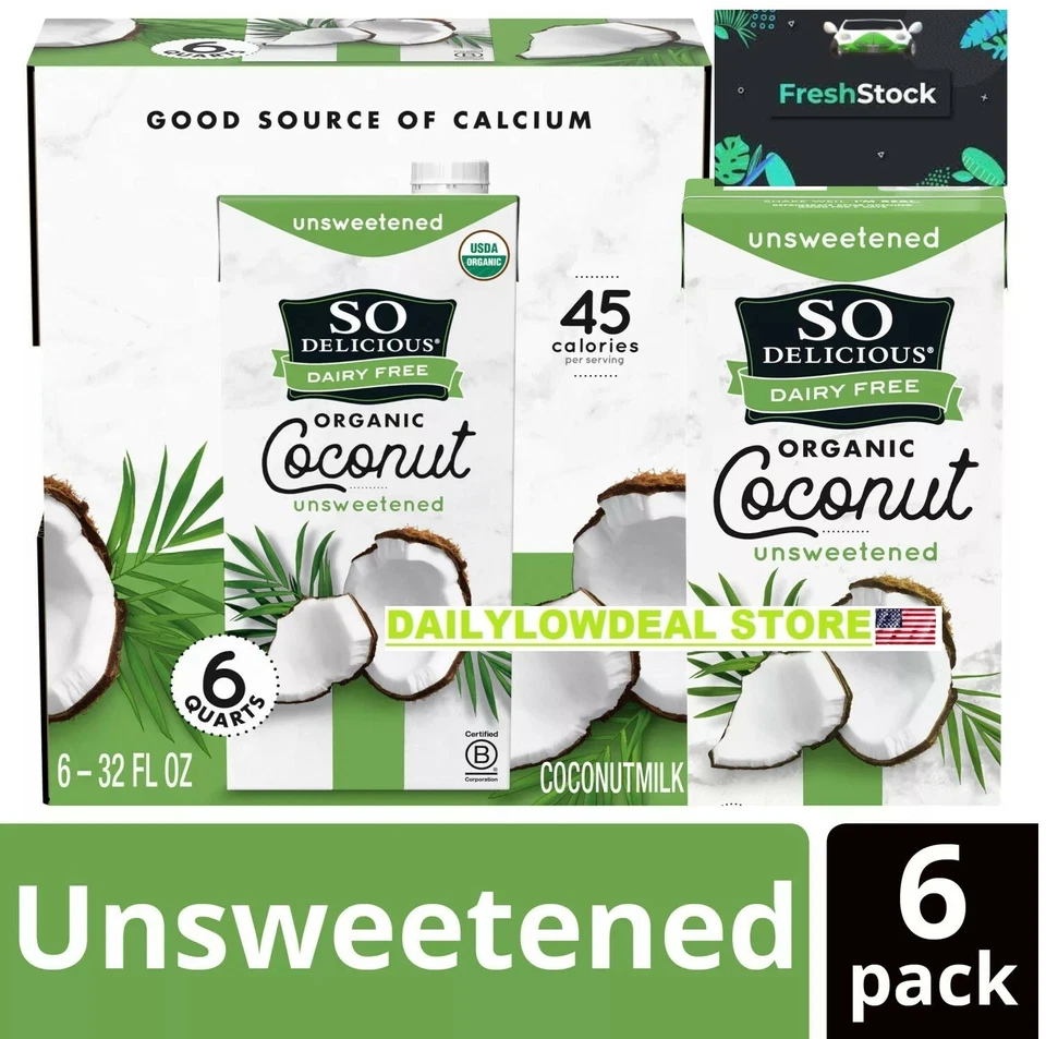 Leche de coco orgánica sin lácteos So Delicious, sin azúcar, 32 onzas (paquete de 6) Foto 3 de 4