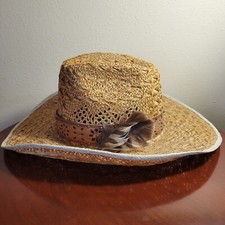 Stetson Straw Woven Western Cowboy Hat Feather And Leather Band No Size Tag