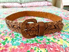 VTG Handmade Southwest Aztec Western Cowgirl Tooled Brown Leather Hip Belt Sz M