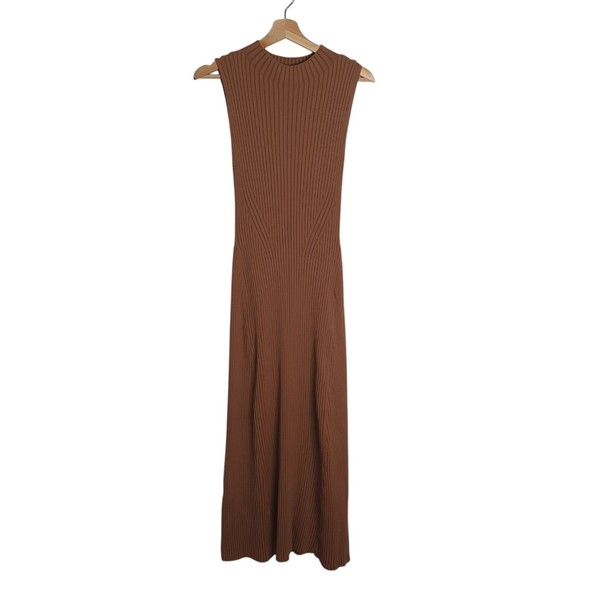 Witchery Size S Camel Brown Ribbed Milano Knit High Neck Sleeveless Maxi Dress