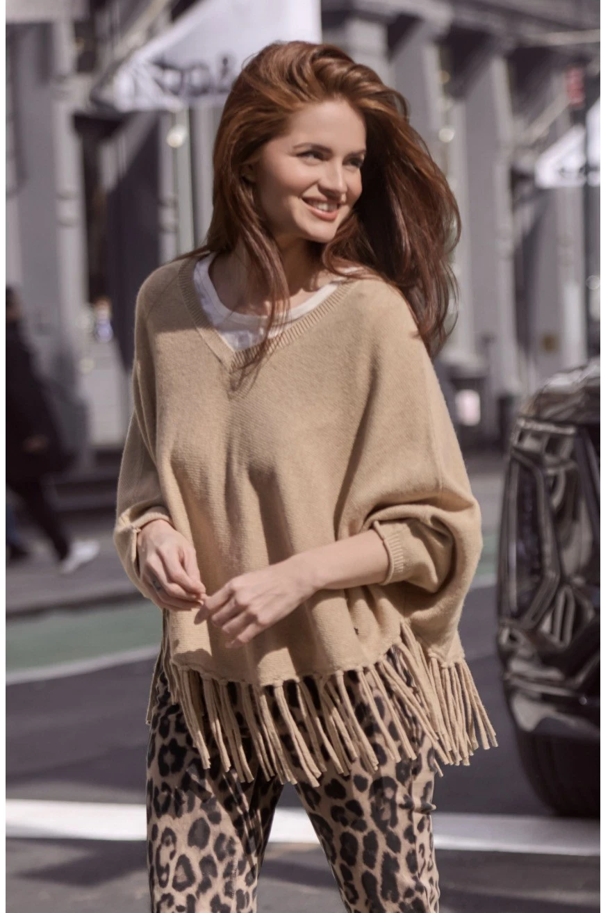 Monari Womens Poncho Fringed Sweater in Cinnamon size O/S