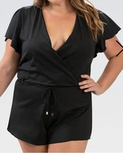 Dolfin Aquashape Black Surplice Front Swim Romper Swimsuit Size 12