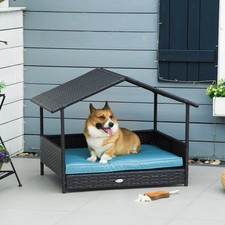 Wicker Dog Bed Patio Rattan Pet Furniture with Cushion, Blue