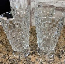 Set of 4 Indiana Whitehall Colony Cubist Clear Footed Glass Tumbler 6" Vintage