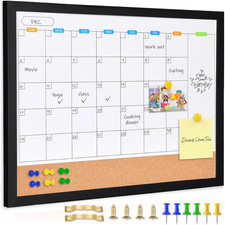 Monthly Whiteboard Calendar with Cork Board for Wall, 17"X13",Magnetic Dry Erase