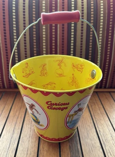 Vintage Curious George Schylling Tin Pail Sand Bucket with Wooden Handle