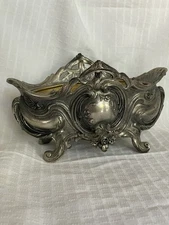 Brite Metal Ornate Planter Jardiniere Bowl w. Handles Rococo Revival Silver
