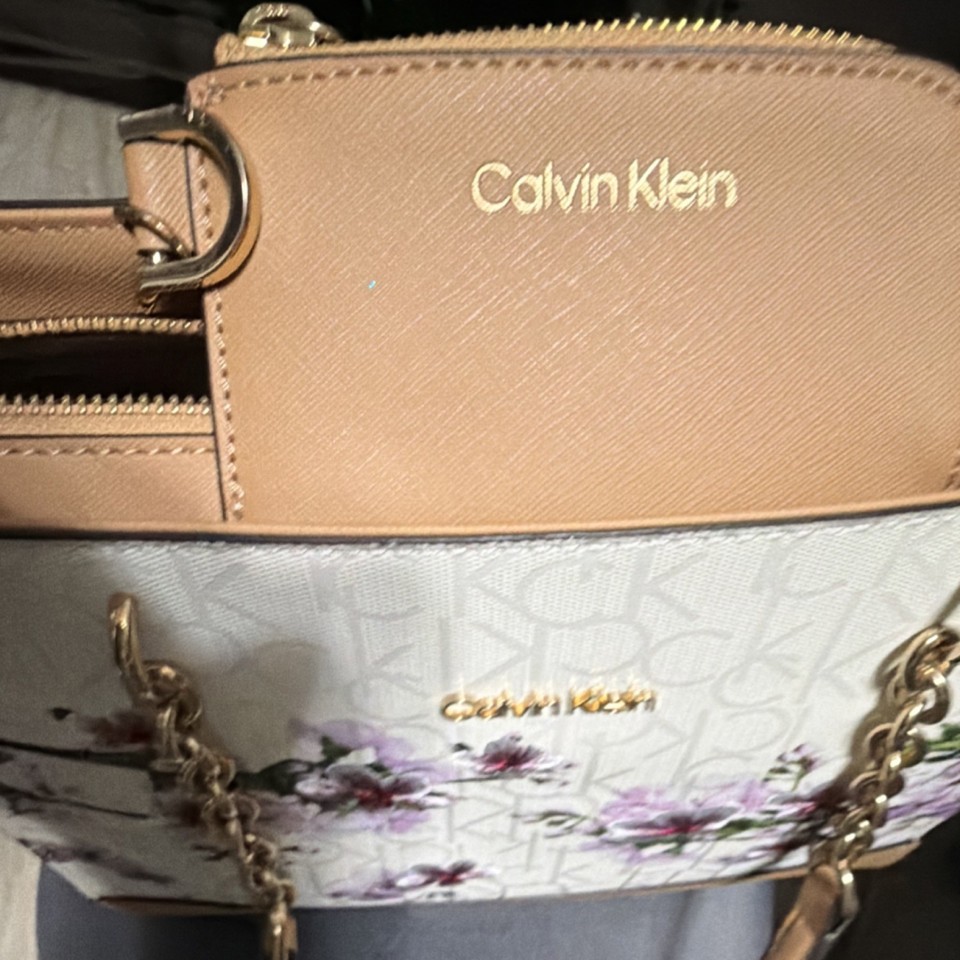 Calvin Klein Floral Print Shoulder Bag Beige White Pink Green Gold ...