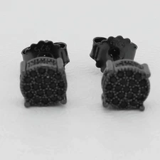 Men's Sterling Silver 925.Black Cubic zirconia 7mm Round Earring*Unisex,Box