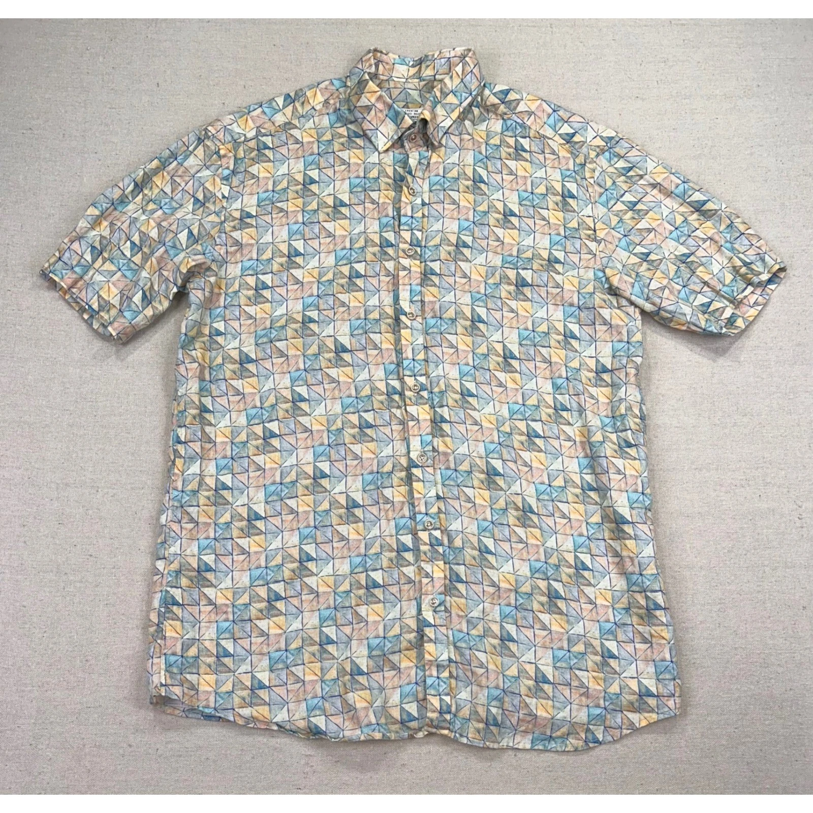 Lino Regia by Iris Mens L Linen Short Sleeve Button Geometric AOP Mosaic Shirt
